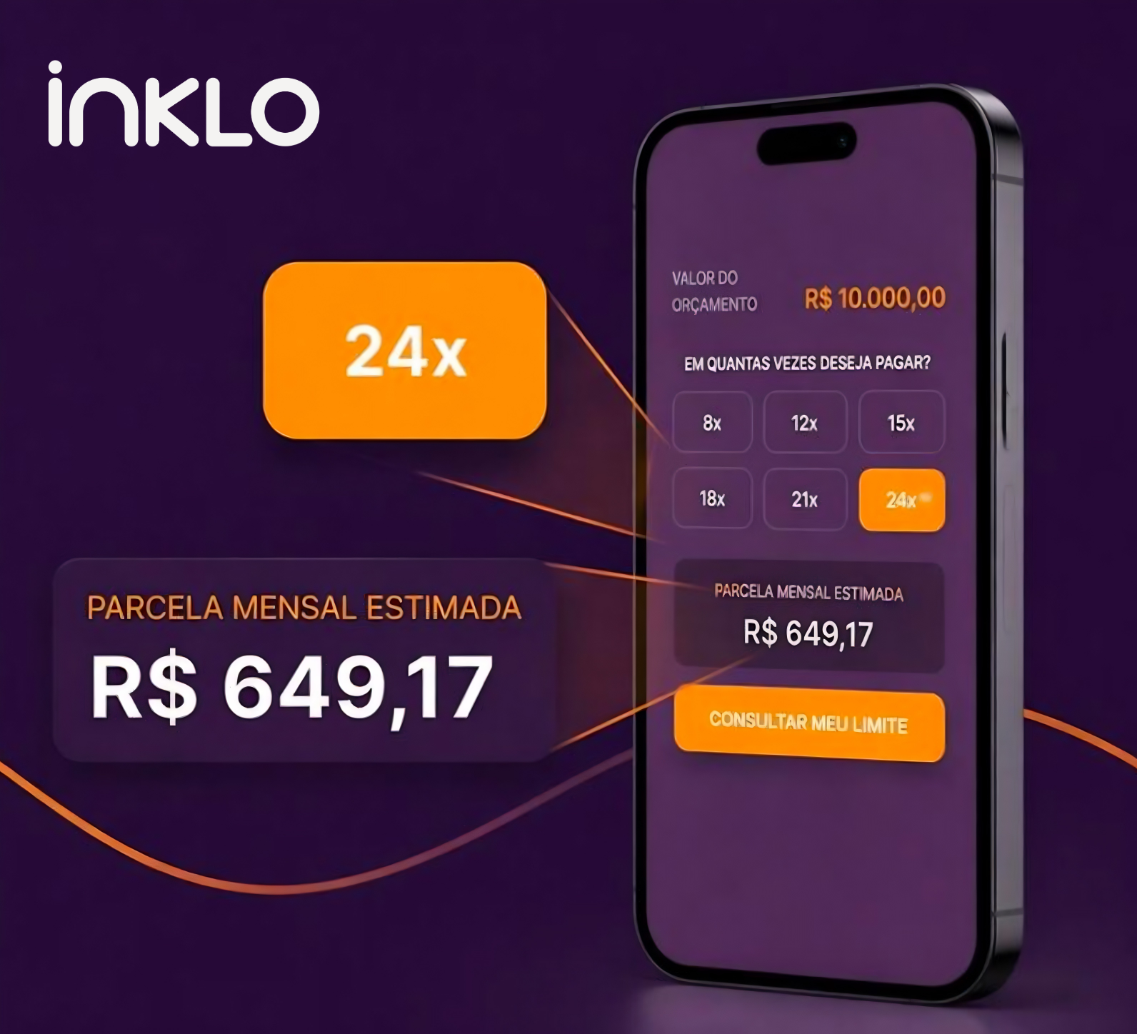 Tela do Inklo Pay no celular: simulação de parcelas em 24x com parcela de R$ 649,17