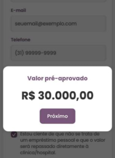 Tela mostrando valor pré-aprovado de R$ 30.000