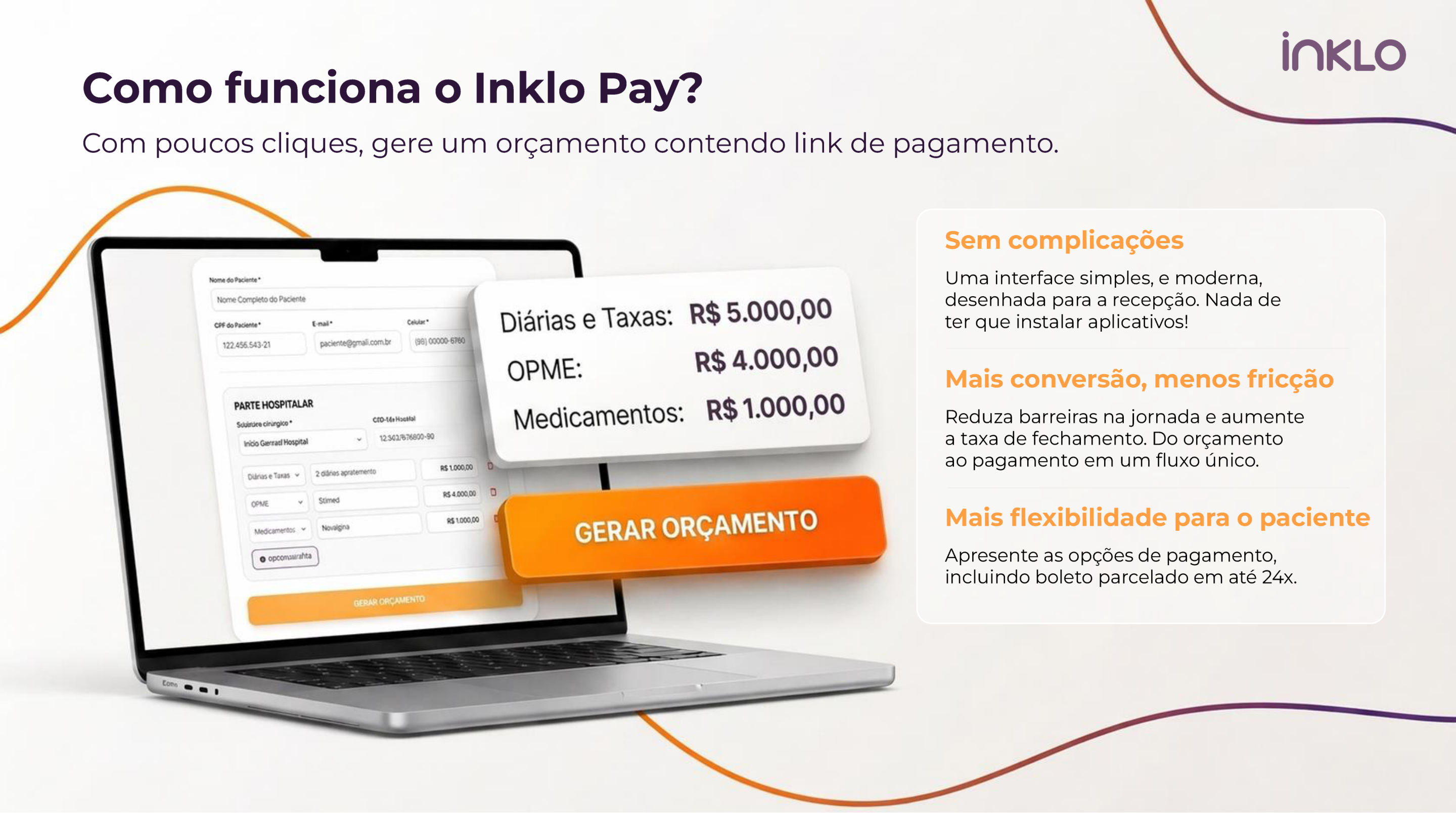 Interface do Inklo Pay mostrando geração de orçamento com link de pagamento em um laptop