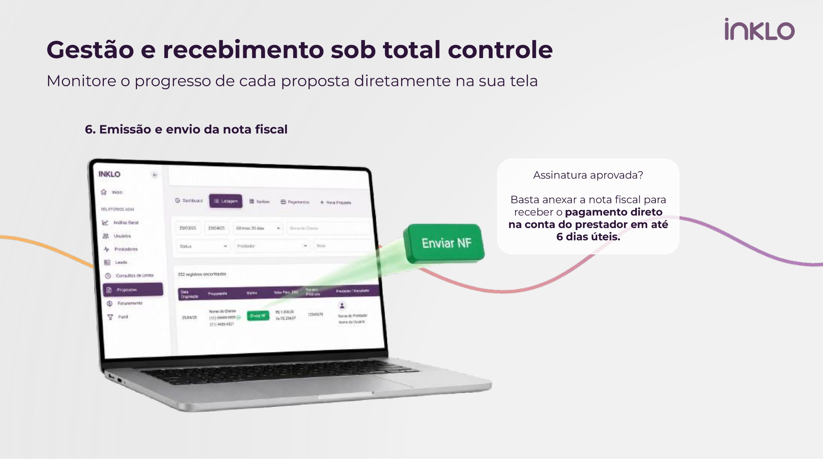 Painel de gestão do Inklo Pay com listagem de propostas e envio de nota fiscal